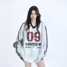 批发欧美复古球衣<b class='q'>polo</b><b class='q'>衫</b>女潮牌宽松长袖翻领卫衣紧袖机车风卫衣赛车服