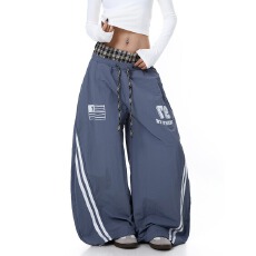 批发美式复古休闲格子拼接抽绳阔腿裤春<b class='q'>秋</b>街头运动风字母印花宽松裤