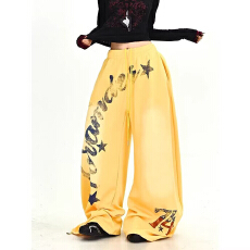 批发美式复古火焰印花阔腿卫裤男女简约宽松休闲百搭直筒长裤