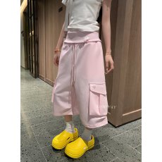 批发<b class='q'>原创</b>粉色高腰工装阔腿裤女新款夏季抽绳多口袋休闲七分裤
