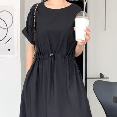 批发韩国chic夏季复古小众简约纯色腰松紧宽松泡泡袖长款拼接<b class='q'>连衣裙</b>女