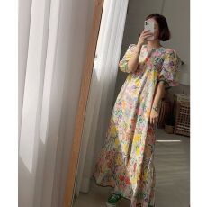 批发2026新款韩版复古碎花长裙女时尚休闲<b class='q'>印花</b>气质减龄超仙<b class='q'>连衣裙</b>