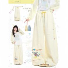 批发原版水印刺绣 条纹卫裤女夏季宽松慵懒垂感爵士舞阔腿<b class='q'>百搭</b>休闲裤