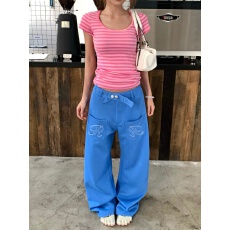 批发美式复古巴黎扣设计刺绣弯刀阔腿裤男女慵懒<b class='q'>休闲</b>裤卫裤