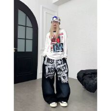 批发美式朋克字母涂鸦印花休闲<b class='q'>裤</b>脏染旧阔阔腿直筒卫<b class='q'>裤</b>宽松松紧百搭
