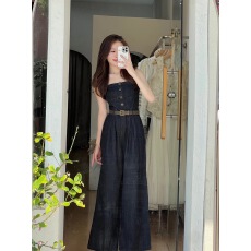 批发2025春夏新款时尚复古小众<b class='q'>抹胸</b>高腰收腰牛仔阔腿直筒连体牛仔裤女