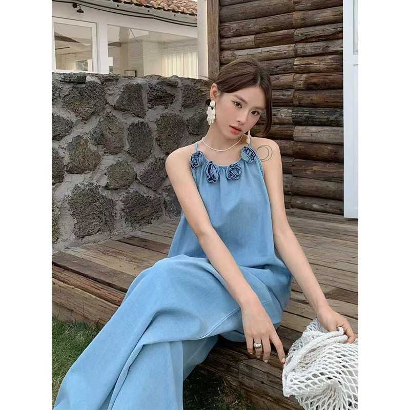FA27668# 设计感立体花朵无袖背心吊带女夏季高腰垂感牛仔裤两件套 服裝批發女裝批發服飾貨源