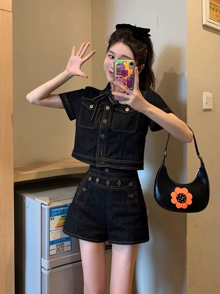 FA27667# 牛仔套装女夏季新款时尚洋气小个子休闲复古高级感短裤两件套 服裝批發女裝批發服飾貨源