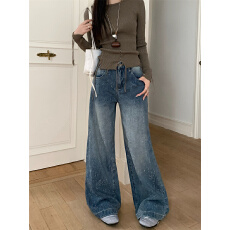 批发满天星<b class='q'>烫钻</b>重工<b class='q'>牛仔裤</b>女秋季设计感宽松直筒阔腿带钻爆闪裤