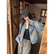 批发实拍实价 早秋新款小众设计美式复古做旧风涂鸦漆宽松牛仔外套