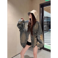 批发实拍实价 廓形复古磨破水洗做旧蓝色<b class='q'>牛仔</b><b class='q'>外套女</b>秋宽松夹克上衣