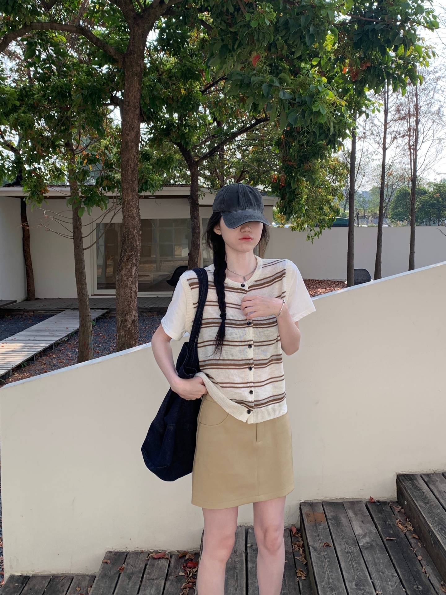 실사 miu 부서 배색 스트라이프 페이크 레이어드 니트 스웨터 반팔