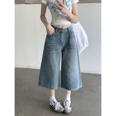 批发复古高街阔腿七分牛仔短裤女夏季百搭宽松直筒<b class='q'>休闲</b>中裤子