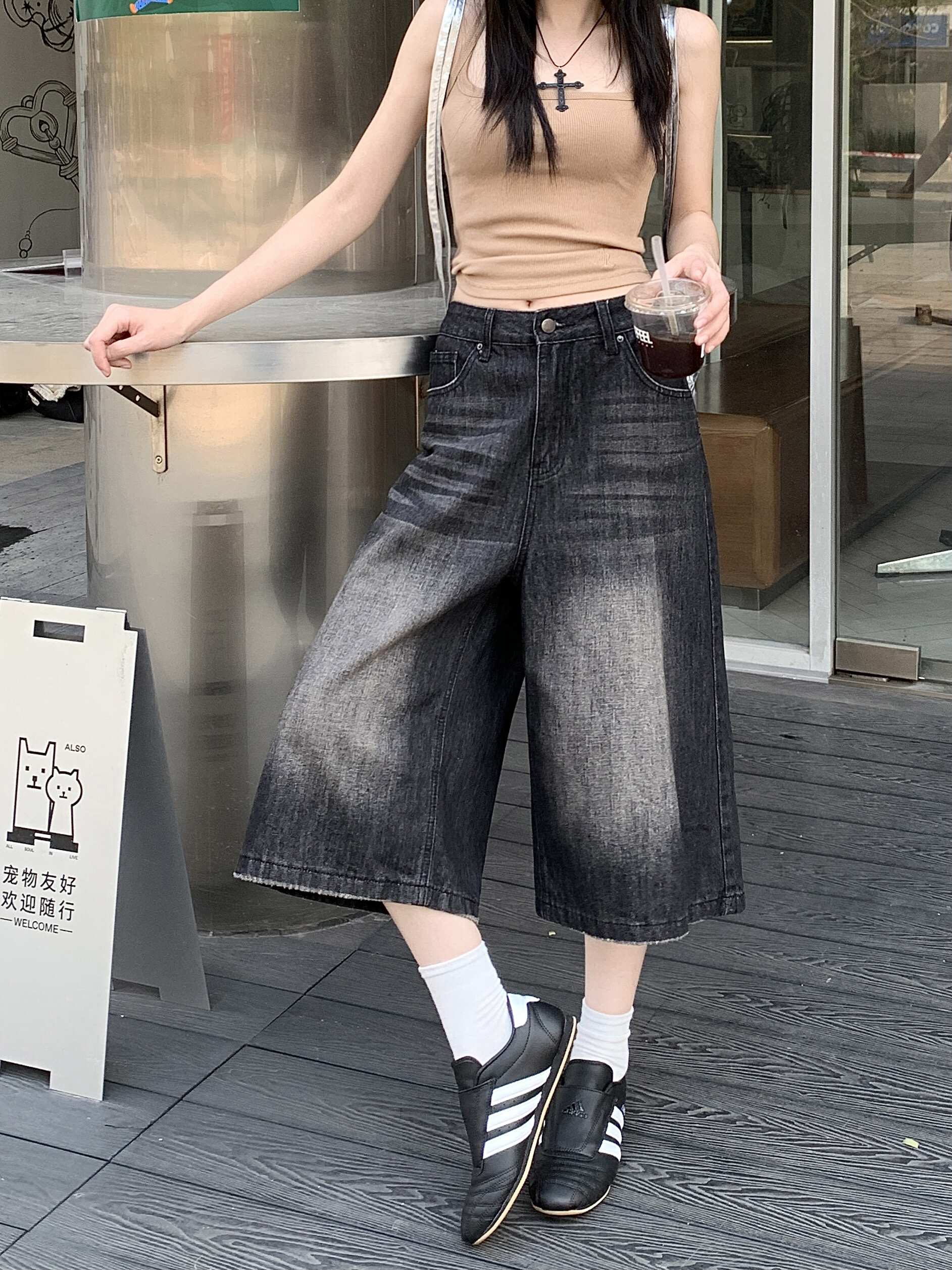 넓은 다리 7 점 데님 반바지 여성 레트로 워싱 마 오래된 루즈핏 스트레이트 중 바지