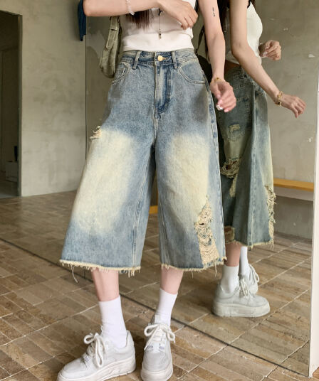 찢어진 부분 스트레이트 데님 7 점 baggy 바람 디자인 센스 워싱 마 오래된 루즈핏 넓은 다리 바지