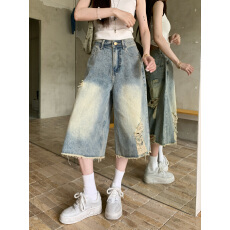 批发破洞直筒牛仔七分baggy风设计感水洗做旧宽松阔腿中裤