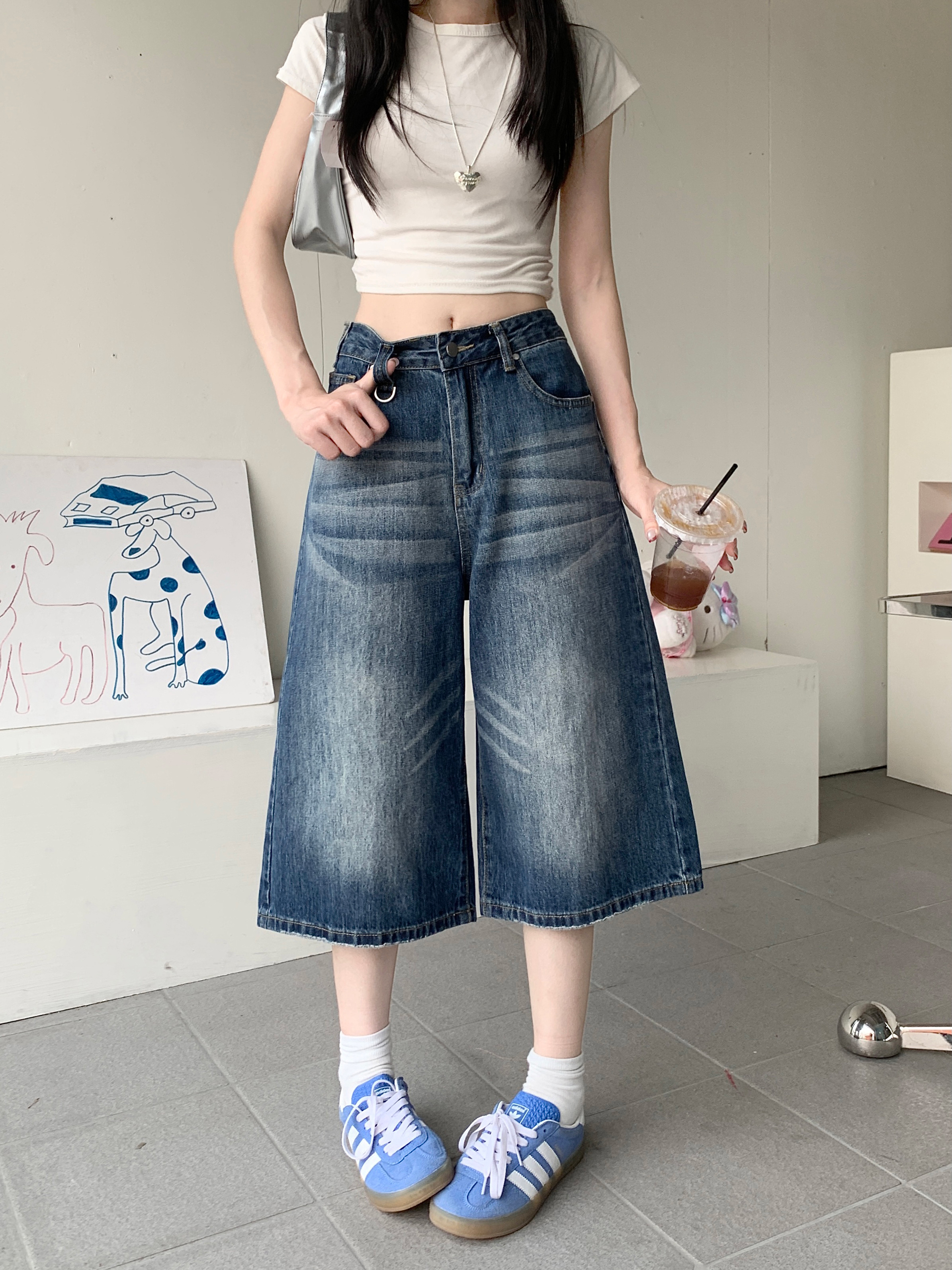 아메리칸 높음 거리 웃음 하 조수 브랜드 루즈핏 7 점 데님 레트로 워싱 다용도 스트레이트 넓은 다리 중 바지