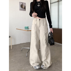 批发米杏色阔腿工装裤<b class='q'>女</b>美式设计感高腰宽松显瘦直筒裤子