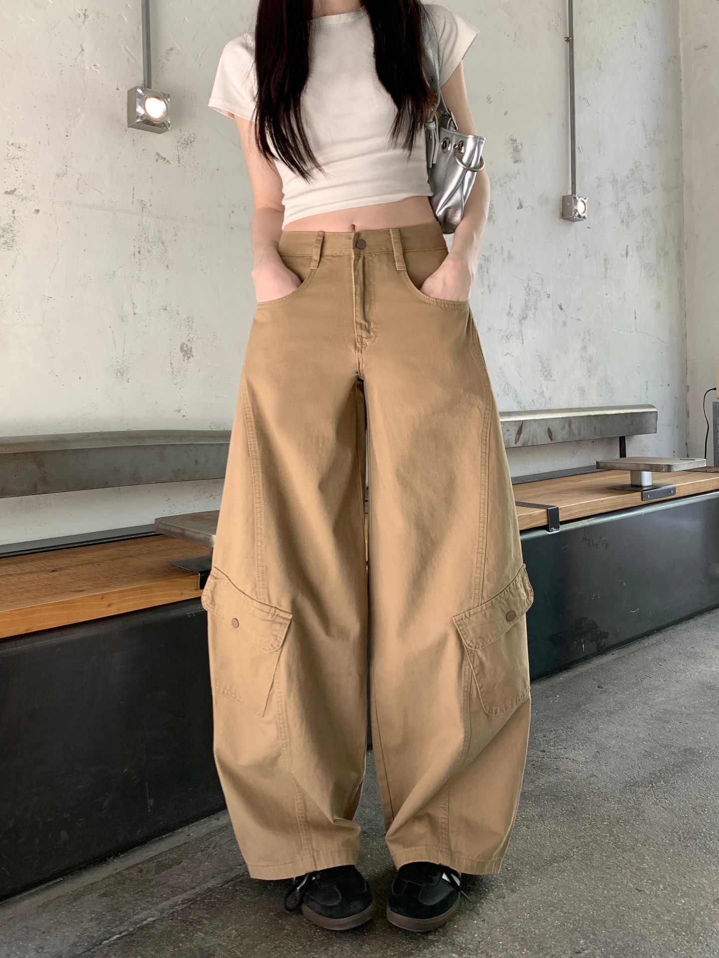 열세 개 품질 아메리칸 캐주얼 넓은 다리 스트레이트 데님 워크웨어 팬츠