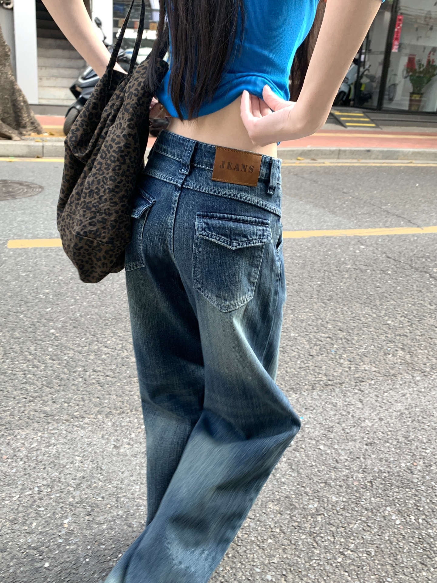 美式复古蓝做旧直筒牛仔宽松显瘦设计感阔腿裤