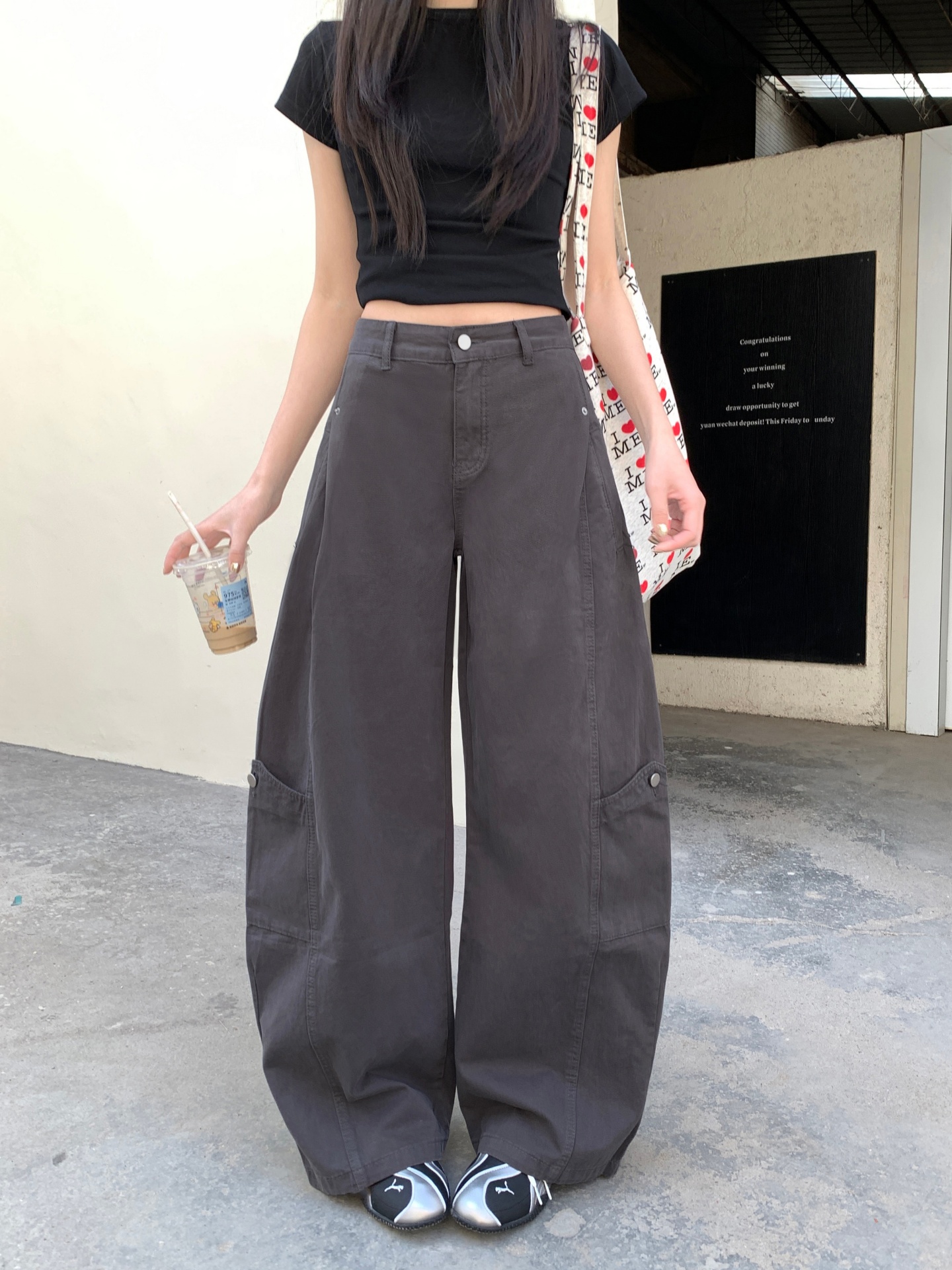 아메리칸 하이웨이스트 워크웨어 캐주얼 루즈핏 스트레이트 넓은 다리 모통이 칼 바지