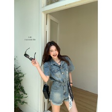 批发实拍 复古港风<b class='q'>翻领</b>水洗牛仔<b class='q'>连衣裙</b>工装气质收腰款