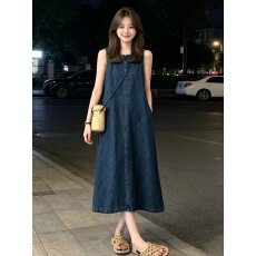 批发韩系简约牛仔连衣<b class='q'>裙</b>女夏新款圆领<b class='q'>无袖</b>小个子收腰a字复古背心<b class='q'>裙</b>子