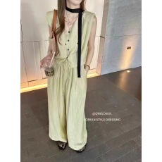 批发御姐风气质V领马甲上衣阔腿裤套装两件套女<b class='q'>夏</b>韩系穿搭一整套减龄