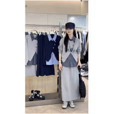 批发假两件条纹拼接卫衣套装女半身裙春秋2025新款<b class='q'>两件套</b>高级感新中式