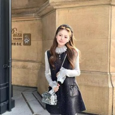 批发千金乖乖女亮片蝴蝶结毛呢背心<b class='q'>连衣裙</b>+百搭花边针织打底衫套装女