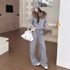 NICE正品2025冬新款洋气百搭毛条连帽卫衣+休闲阔腿裤加绒两件套