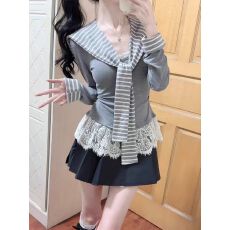 2025秋冬款学院风蕾丝拼接披肩上衣复古气质显瘦弹力显瘦上衣