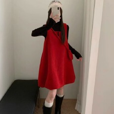 批发圣诞款加厚毛呢背心裙内搭两件套休闲气质减龄少女花苞<b class='q'>中长</b><b class='q'>连衣裙</b>