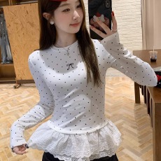 批发超<b class='q'>可爱</b>韩系波点拼棉花边内搭打底衫女秋冬2025新款绝美长袖上衣
