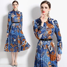 批发实拍<b class='q'>欧洲站</b>新款法式复古时尚印花重工压褶长袖衬衫<b class='q'>连衣裙</b>