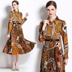 批发实拍<b class='q'>欧洲站</b>新款法式复古时尚印花重工压褶长袖衬衫<b class='q'>连衣裙</b>