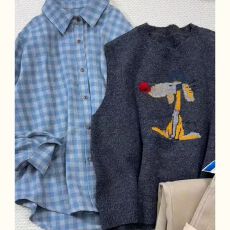 批发韩系蓝色格纹衬衫外套女早秋新款设计感宽松百搭衬衣气质chic上衣