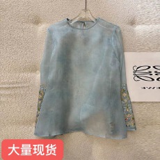 批发专柜撤回尾单捡漏<b class='q'>欧根纱</b>刺绣薄款新中式国风上衣长袖衬衫女春夏