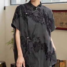 批发黑色<b class='q'>欧根纱</b>新中式刺绣短袖上衣衬衫夏季新款桑蚕丝国风宽松上衣女