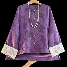 批发高品质紫色新中式提花女士外套春秋新款原创休闲宽松流苏盘扣国风