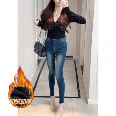 批发设计感波纹水洗褶皱牛仔<b class='q'>铅笔裤</b>女秋冬<b class='q'>高腰</b>小个子紧身显瘦提臀九分