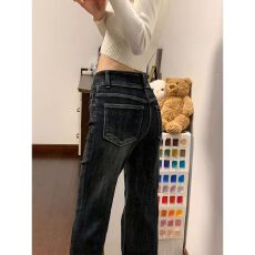 辣妹双纽扣褶皱磨白水洗牛仔微喇裤女秋冬气质垂感高腰马蹄长裤子