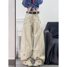 批发卡通<b class='q'>绣花</b>设计感阔腿<b class='q'>牛仔裤</b>女美式复古秋季新款宽松阔腿弯刀裤子潮