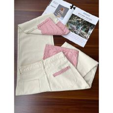 多巴胺粉色格子蝴蝶结拼接牛仔裤女夏季设计感宽松高腰直筒长裤子