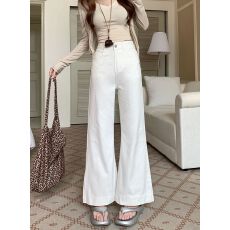 批发实拍~辣妹纯色褶皱高腰牛仔微喇裤女春秋性感垂感显瘦马蹄长裤子