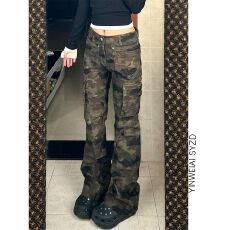 批发175高个子加长复古迷彩修身工装裤女秋冬美式低腰百搭显瘦微喇裤