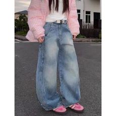 批发大码美式国潮水洗弯刀<b class='q'>牛仔裤</b>女新款高街阔腿宽松<b class='q'>休闲</b>直筒垂感长裤