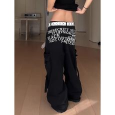 批发大码美式复古印花工装牛仔裤女潮牌宽松显瘦垂感阔腿拖地长裤子潮