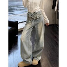 批发美式辣妹小众设计感<b class='q'>时尚</b>百搭牛仔裤子女复古多口袋腰封拼接拖地裤