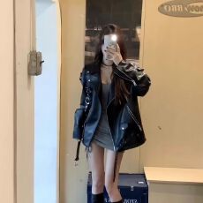 批发美式复古黑色机车2025春秋季新款设计感甜酷风宽松皮衣外套